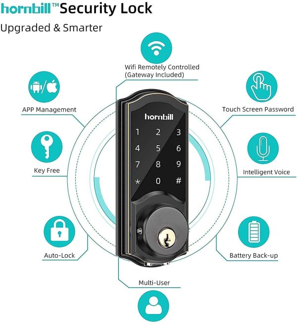 2022 Smart Keyless Entry Door Lock, hornbill Smart Security Deadbolt Lock with WiFi Control, Bluetooth, Digital Touchscreen Keypad Work with APP Auto Lock for Home, Rentals, Office - Image 6