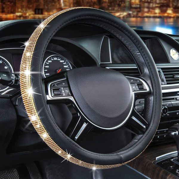 CAR PASS Glorious Rhinestones Leather Universal Steering Wheel Cover, Fit for Suvs,Vans,sedans,Cars,Trucks (Golden) - Image 5