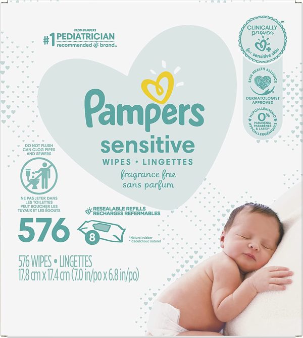 Pampers Baby Wipes Sensitive Fragrance Free 8X Refill Packs (Tub Not Included) 576 Count (Packaging May Vary) - Image 8