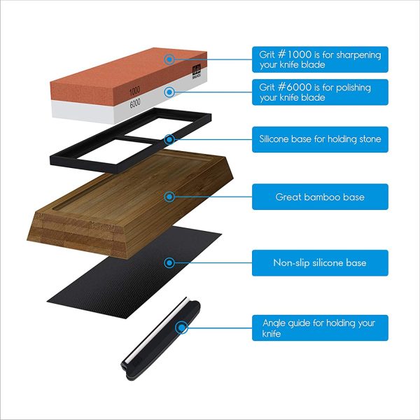 Whetstone Knife Sharpening Stone , Premium 2-Sided Whetstone Sharpener 1000/6000 Grit Whetstone Kit with Non-Slip Bamboo and Silicon Base Angle Guide for Chef Knife, Kitchen Knife, Hunting Knife - Image 4