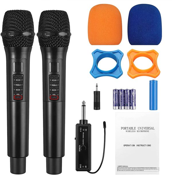 Wireless Microphone UHF Wireless Handheld Dynamic Mic System Dual Wireless Mics with Rechargeable Receiver for Karaoke Machines, DJ, Singing, Church, Weddings etc