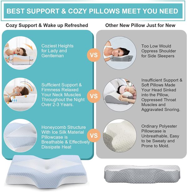 Memory Foam Pillow for Sleeping, Cervical Contour Orthopedic Pillow Relief Neck & Shoulder Pain Ergonomic Bed Pillow with Cooling Ice Silk Pillowcase for Side/Back/Stomach Sleepers - Image 2