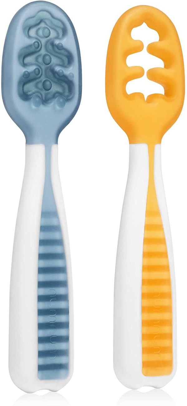 NumNum Pre-Spoon GOOtensils | Baby Spoon Set (Stage 1 + Stage 2) | BPA Free Silicone Self Feeding Toddler Utensils | for Kids Ages 6 Months+, 1-Pack, Two Spoons, Blue/Orange