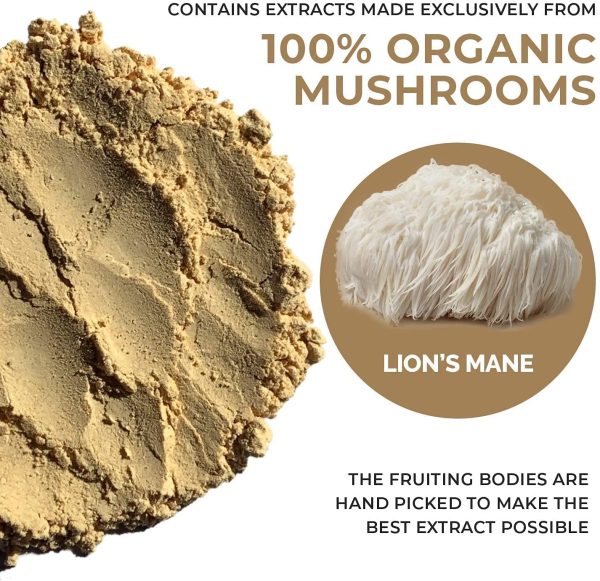 Lions Mane Mushroom Extract Powder by Real Mushrooms - Certified Organic - 60g Bulk Lion's Mane Mushroom Powder - Perfect for Shakes, Smoothies, Coffee and Tea