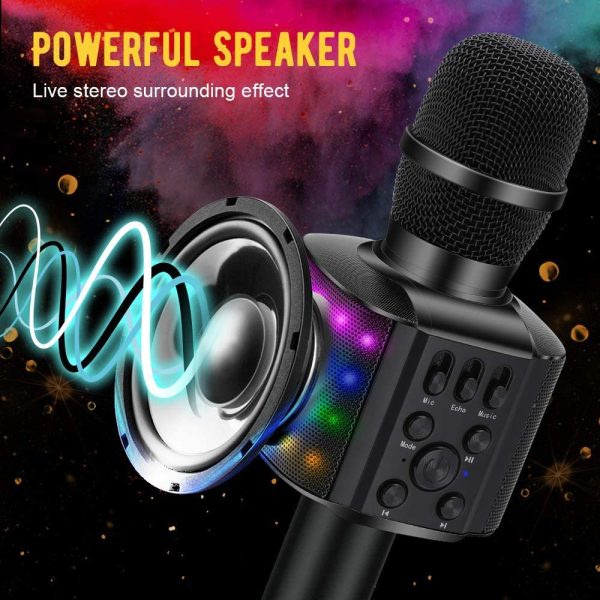 BONAOK Wireless Bluetooth Karaoke Microphone with controllable LED Lights, 4 in 1 Portable Karaoke Machine Mic Speaker Birthday Home Party for All Smartphones PC(Q36 Black) - Image 6