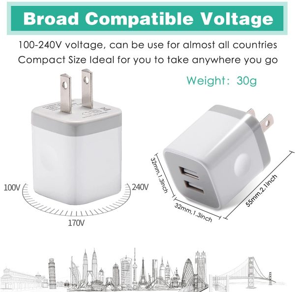 USB Charger,  3-Pack 2.1A/5V Dual Port USB Wall Plug Power Adapter Charging Cube Brick Box Charger Block for iPhone 13/Pro Max/12/11 XR/XS/X/8/7/6 Plus/SE/5S, iPad, Samsung, Moto, Android Phone - Image 6