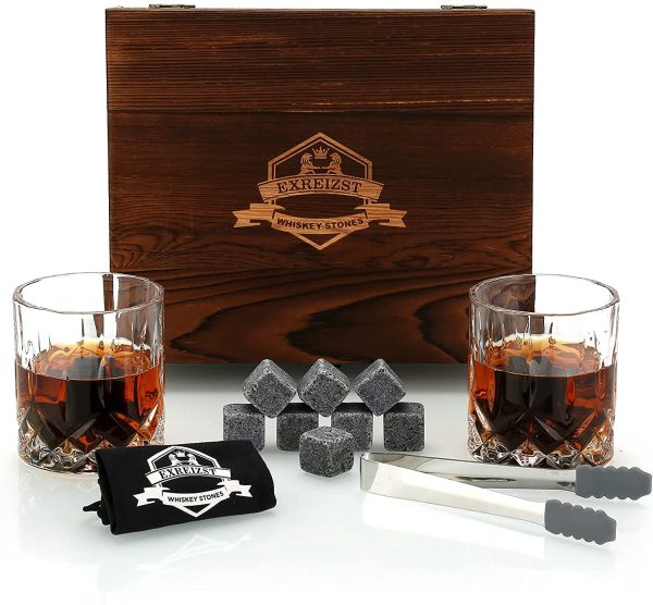 Whiskey Stones Glass Gift Set - Bourbon Scotch Whiskey Glasses Set of 2 - Granite Chilling Rocks in Premium Wooden Box - Best Drinking Gift for Men Dad Husband Father's Day Birthday Holiday Christmas (Cylindrical) - Image 7