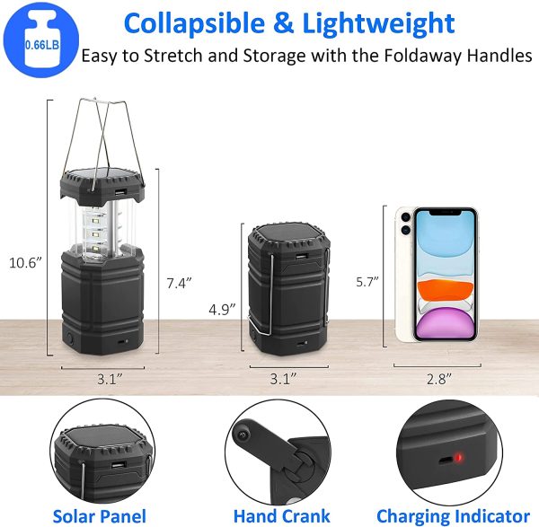 Solar Camping Lantern- Hand Crank Rechargeable LED Lantern Flashlight with USB Charger, Super Bight Camp Light, Long Play Time,Collapsible Waterproof Camping Lights for Emergency, Survival, Hiking, Hurricane,Fishing,Storm,Home - Image 4