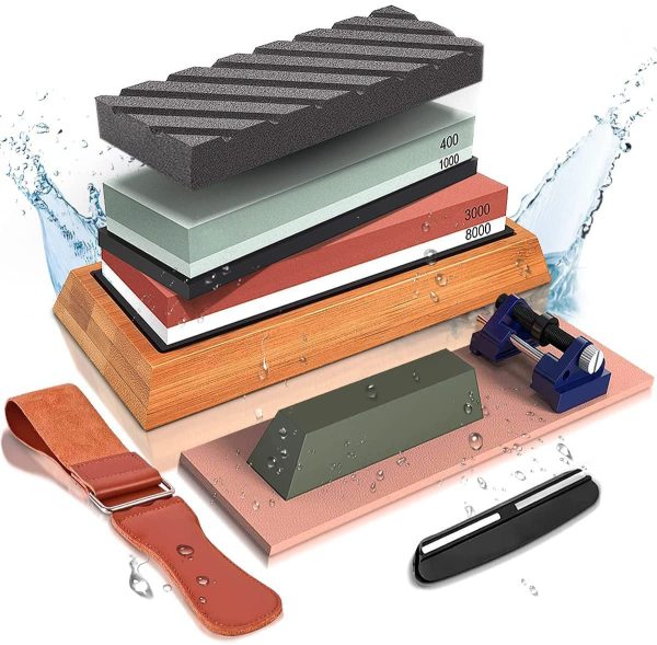 Knife Sharpening Stone Set , Includes 4 Side Grit 400/1000 3000/8000 Whetstone Knife Sharpener Kit,Safe Whetstone Knife Sharpener,Non-Slip Bamboo Base, Angle Guide,Polishing Compound??Leather Strop, Flattening Stone,Razor strop,rubber holder and honing guide - Image 7