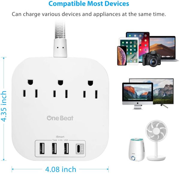 Power Bar Power Strip with USB C, 3 Outlets 4 USB Ports (22.5W/4.5A) Desktop Charging Station, Flat Plug, 5ft Braided Extension Cord, Non Surge Protector for Travel, Cruise Ship