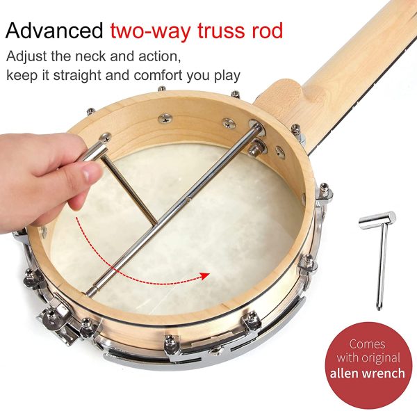 AKLOT Banjo Ukulele Concert 23 inch Remo Drumhead Open Back Maple Body 1:15 Advanced Tuner with Two Way Truss Rod Gig Bag Tuner String Strap Picks - Image 7