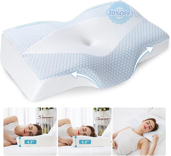 Memory Foam Pillow for Sleeping, Cervical Contour Orthopedic Pillow Relief Neck & Shoulder Pain Ergonomic Bed Pillow with Cooling Ice Silk Pillowcase for Side/Back/Stomach Sleepers - Image 6