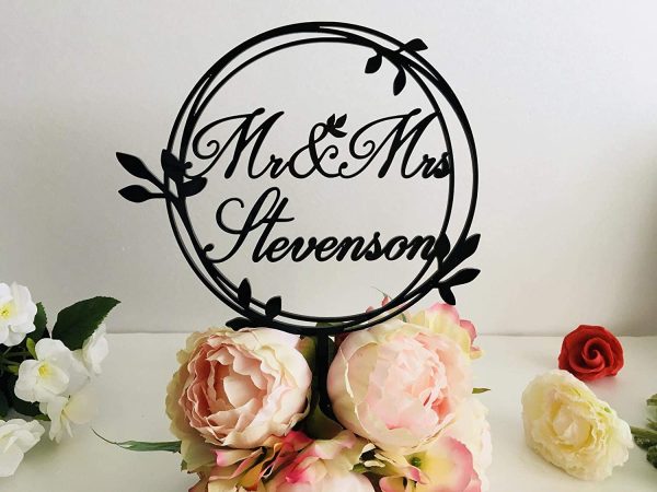 Personalized Wedding Laurel Wreath Cake Topper Circle Last Name Cake Decorations Family Name Mr and Mrs Custom Monogram Round Cake Toppers on Sticks Wood Rustic Acrylic Decor Bride Groom Centerpieces - Image 9