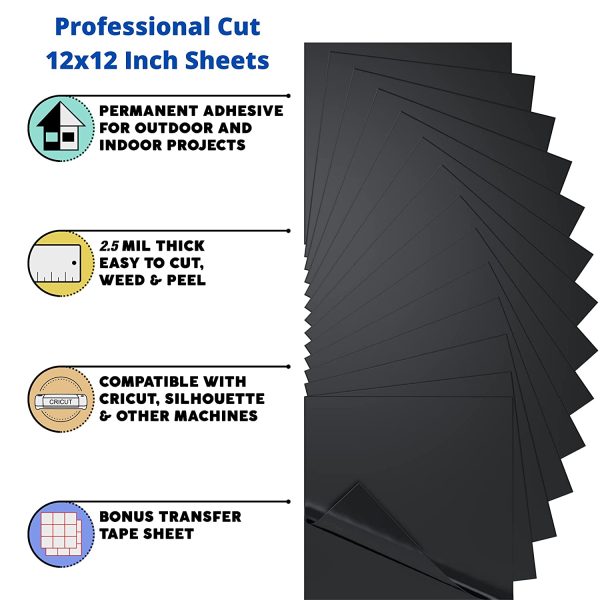 Kassa Permanent Black Vinyl Sheets (15 Pack, 12?? x 12??) - Includes Bonus Transfer Tape - Self Adhesive Craft Outdoor Vinyl Bundle for Cutting Machines