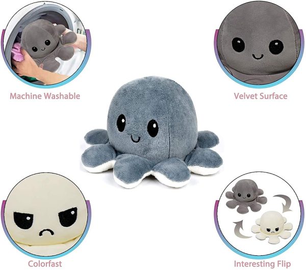 Octopus Reversible Plushie Cute Octopus Baby Creative for Anxiety Relief Reversible Octopus Plush Cute Soft Stuffed Animal Doll as Gift for Kids Mood Octopus (White & Grey) - Image 3