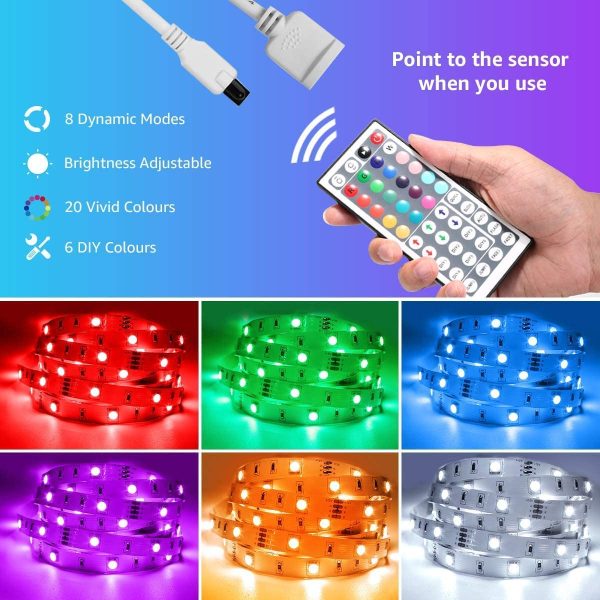 LE LED Strip Lights Kit, 16.4ft RGB LED Light Strips, Color Changing Light Strip with Remote Control, 12V Power Supply for Kitchen, Bedroom, and More, Non Waterproof - Image 7