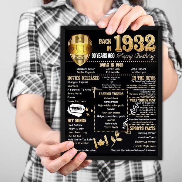 Ywlake Back in 1932 Poster CA Framed, Happy 90th Birthday Party Table Decoration Supplies 8X10 inch Home Decor Birthday Wedding Gift Poster for Men Him (Gold) - Image 3