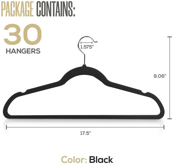 (Pack of 30 Premium Non Slip Velvet Hangers - 360-degree rotatable Hook - Durable & Slim - Coat Hangers - Pant Hangers - Black - Image 6