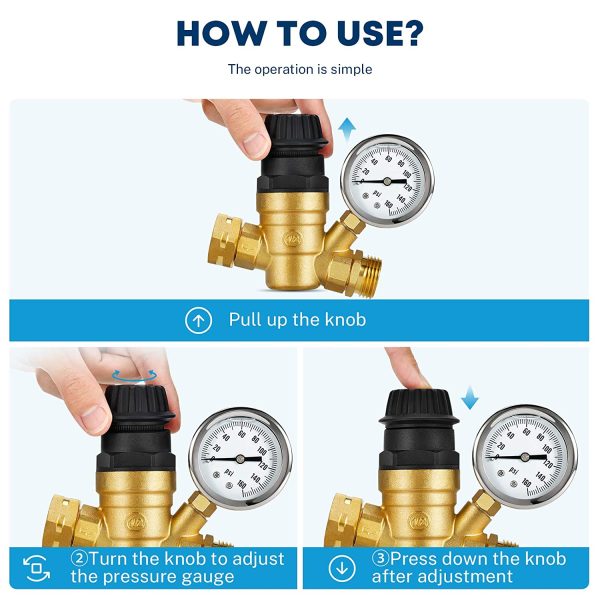 Kohree Handle Adjustable RV Water Pressure Regulator Valve, Upgrade Brass Lead-Free Water Pressure Reducer with Gauge 160PSI and 2 Inlet Screened Filters for RV Camper Travel Trailer Garden Plumbing System - Image 5