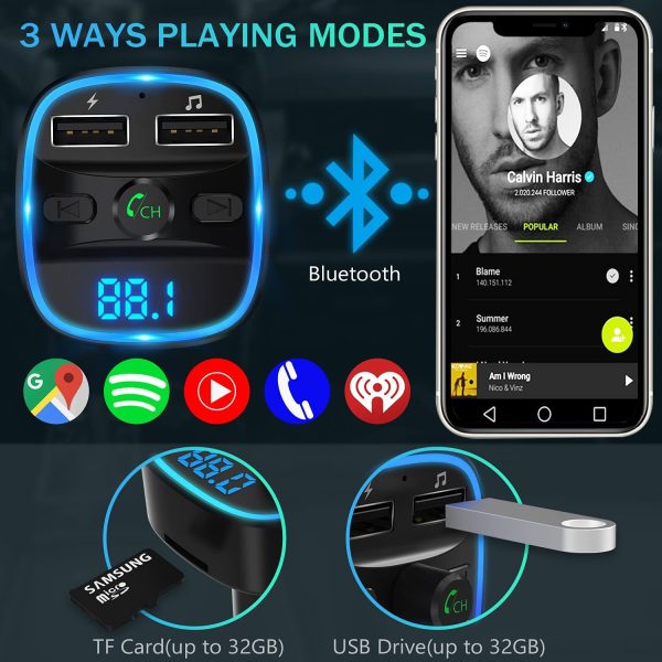 FM Transmitter, Bluetooth FM Transmitter Wireless Radio Adapter Car Kit with Dual USB Charging Car Charger MP3 Player Support TF Card & USB Disk - Image 9