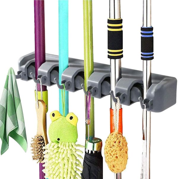 Mop and Broom Holder, Wall Mounted Home Tool Organizer, Broom Hanger Rack- Ideal for Kitchen, Garage, Garden, Laundry, Bathroom (5 Position 6 Hooks)Broom Holder, Wall Mounted Home Tool Organizer, Broom Hanger Rack- Ideal for Kitchen - Image 2