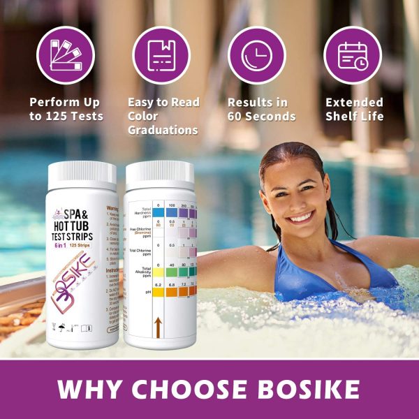 BOSIKE 6 in 1 Water Hot Tub, Swimming Pool & Spa Test Strips Kit - 125 Water Tester Strips for Total Hardness, Free Chlorine, Bromine, Total Chlorine, Alkalinity & pH - Image 2