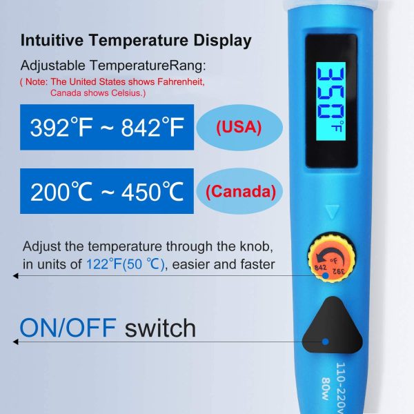 Soldering Iron Kit, 80W Digital LCD Solder Gun with ON/Off Switch Adjustable Temperature Controlled and Fast Heating Thermostatic Design Welding Tools for Electronics (Blue) - Image 6