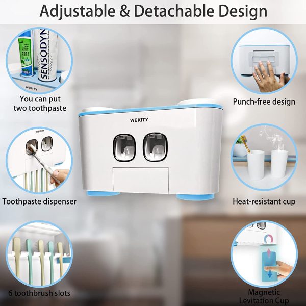 Toothbrush Holder Wall Mounted, WEKITY Multi-Functional Toothbrush and Toothpaste Dispenser for Bathroom, with 5 Toothbrush Slots, 2 Toothpaste Squeezers and 4 Cups(Blue) - Image 4