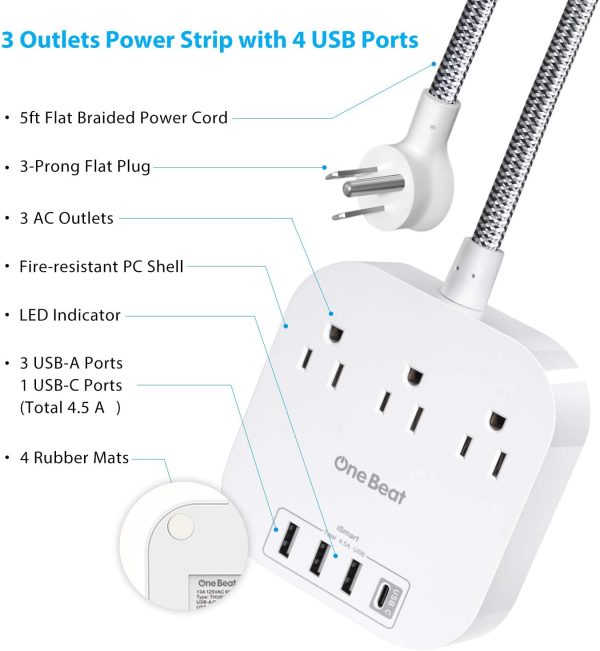 Power Bar Power Strip with USB C, 3 Outlets 4 USB Ports (22.5W/4.5A) Desktop Charging Station, Flat Plug, 5ft Braided Extension Cord, Non Surge Protector for Travel, Cruise Ship - Image 5