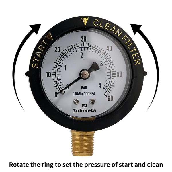 Solimeta 2" Start and Clean Filter Pressure Gauge, 0-60 psi, Steel Case Lower Mount - Image 5