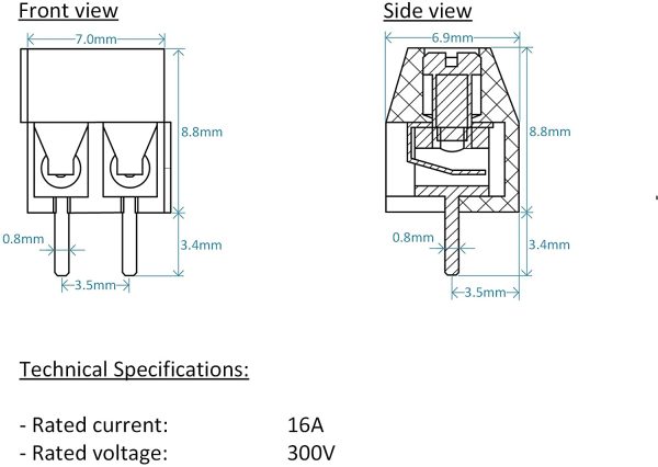 Screw Terminal Block Connector 3.5mm Pitch (2 pin, 20 Pieces) - Image 2