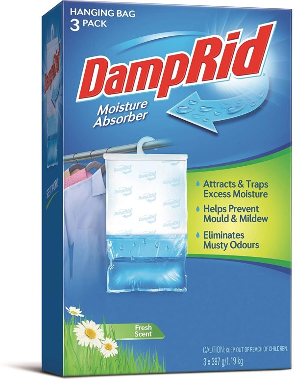 DampRid FG83K Hanging Moisture Absorber Fresh Scent (1 Box / 3 bags, 14 oz each)