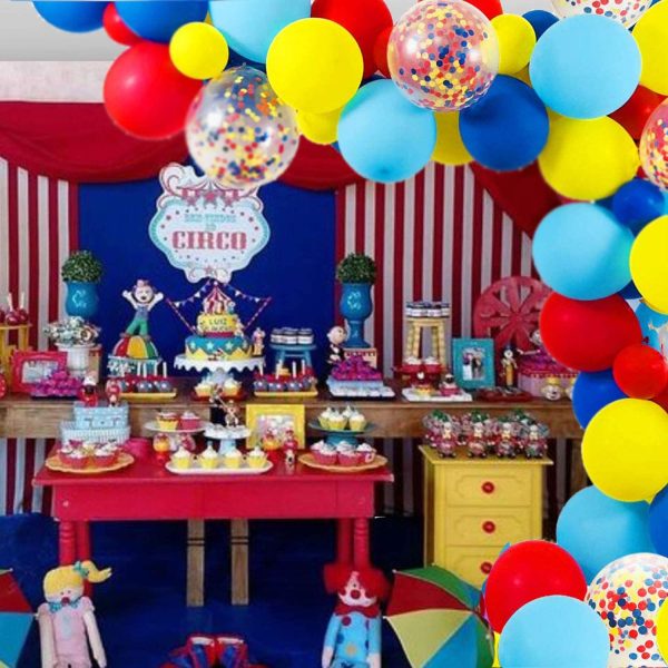 Carnival Circus Balloon Arch and Garland Kit,  Pack Red Blue Yellow Latex Balloons and Rainbow Multicolor Pre-Filled Confetti Balloon for Carnival Baby Shower Wedding Birthday Graduation Anniversary Bachelorette Party Background Decorations