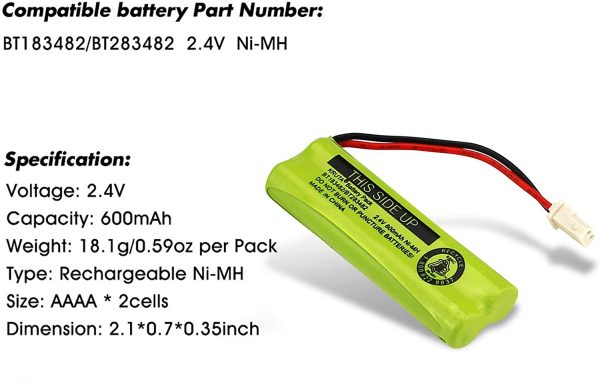 BT183482 BT283482 600mAh Battery Rechargeable for Vtech Cordless Phones DS6401 DS6421 DS6422 DS6472 LS6405 LS6425 LS6425-3 LS6426 LS6475 LS6475-3 LS6476 89-1348-01 Handsets (Pack 2) - Image 3