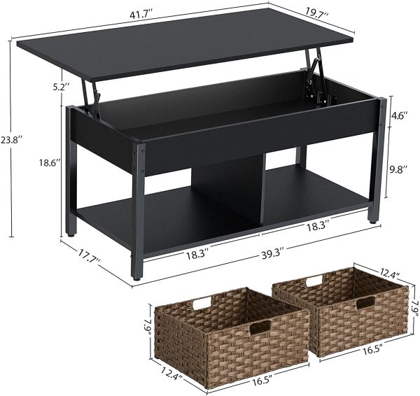 Rolanstar Coffee Table, Lift Top Coffee Table with Rattan Baskets and Hidden Compartment, Retro Central Table with Wooden Lift Tabletop and Metal Frame, for Living Room,Black - Image 6