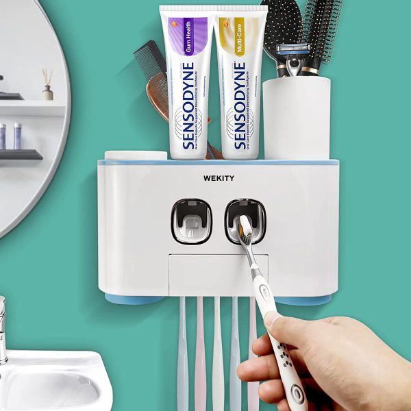 Toothbrush Holder Wall Mounted, WEKITY Multi-Functional Toothbrush and Toothpaste Dispenser for Bathroom, with 5 Toothbrush Slots, 2 Toothpaste Squeezers and 4 Cups(Blue) - Image 5