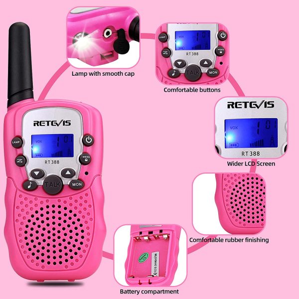 RT388 Walkie Talkie for Kids,Toy Walkie Talkies for 6-12 Year Old Girls Boys,Hands Free Long Range,22 CH LCD Flashlight,Birthday Gifts,Camping Hiking Skiing(Pink, 1 Pair) - Image 4