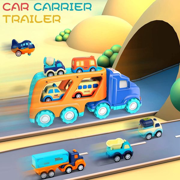 9 Pack Cars Toys for 3 4 5 Years Old Toddlers Boys and Girls Gift, Big Transport Truck with 8 Small Cute Pull Back Trucks, Colorful Assorted Vehicles Playset, Carrier Truck with Sound and Light - Image 5