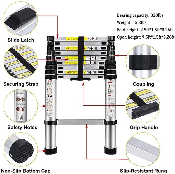 Telescopic Ladder 8.5ft - ARCHOM Aluminum Folding Ladder Collapsible Extendsion Telescoping Ladder for Roof with EN131 Certified 330lbs Max Capacity