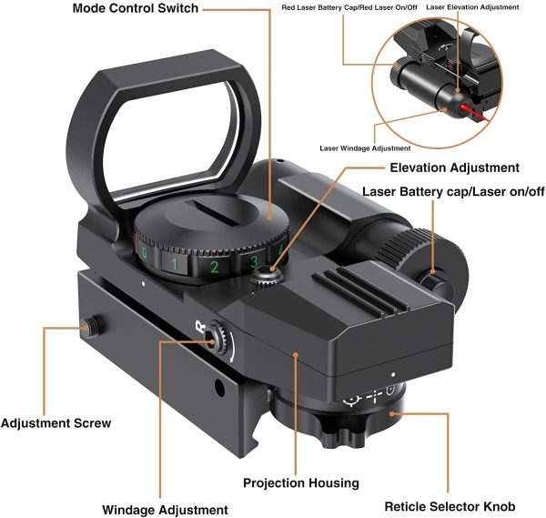 Feyachi RSL-18 Reflex Sight - 4 Reticle Red & Green Dot Sight Optics with Integrated Red La-ser Sight Less Than 5mW Output - Image 7