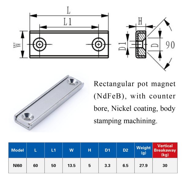 Strong Neodymium Rectangular Pot Magnets with Counter Bore, Countersunk Hole Magnets with Mounting Screws - 60x13.5x5mm, Pack of 8