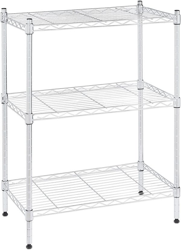 Amazon Basics 3-Shelf Adjustable, Heavy Duty Storage Shelving Unit on 4'' Wheel Casters, Metal Organizer Wire Rack, Chrome (23.2L x 13.4W x 32.75H)