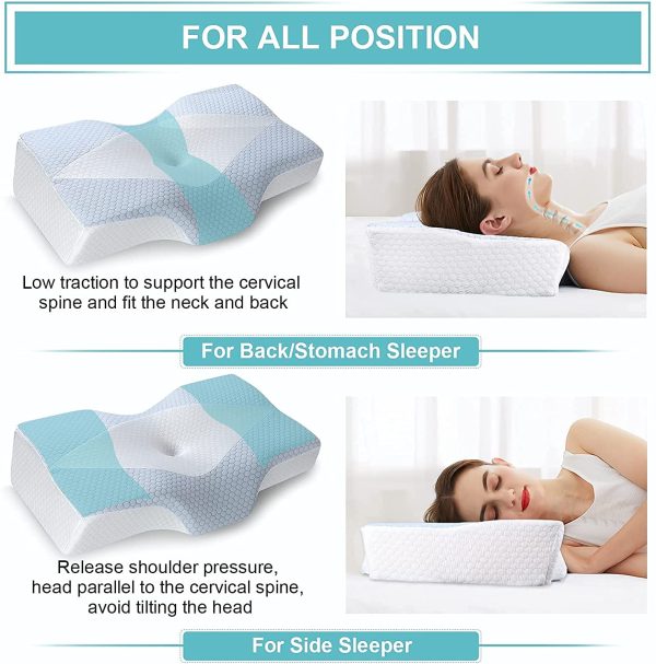 Memory Foam Pillow for Sleeping, Cervical Contour Orthopedic Pillow Relief Neck & Shoulder Pain Ergonomic Bed Pillow with Cooling Ice Silk Pillowcase for Side/Back/Stomach Sleepers - Image 8