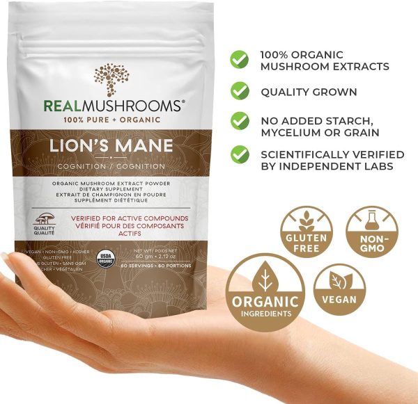 Lions Mane Mushroom Extract Powder by Real Mushrooms - Certified Organic - 60g Bulk Lion's Mane Mushroom Powder - Perfect for Shakes, Smoothies, Coffee and Tea - Image 3