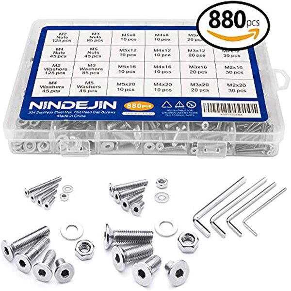 880Pcs M2 M3 M4 M5 Stainless Steel Precise Metric Head Cap Self Tapping Screws,Round Flat Socket Bolts and Nuts Set and Washers Assortment Kit +Wrench