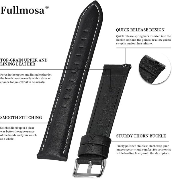 Quick Release Leather Watch Band, Fullmosa Axus Genuine Leather Replacement Watch Strap with Stainless Metal Clasp 14mm 16mm 18mm 20mm 22mm 24mm (Choose The Proper Size) - Image 5