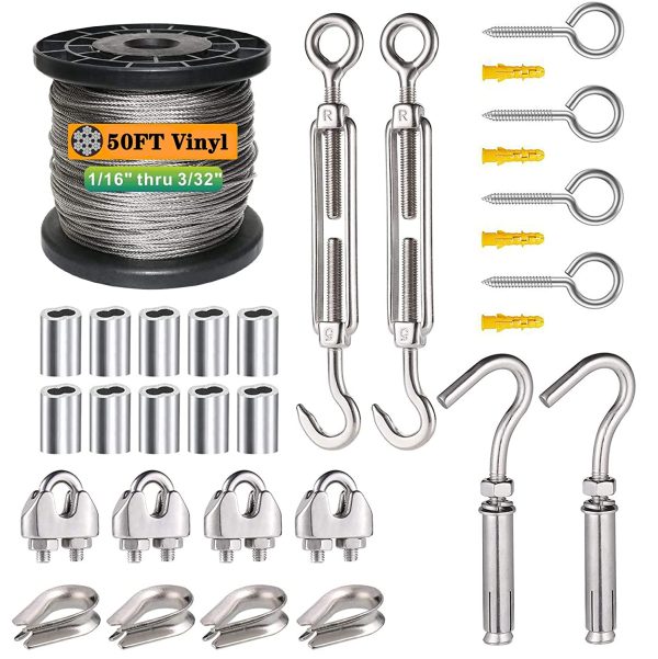 1/16 Wire Rope Kit, 304 Stainless Steel Wire Cable, Vinyl Coated Aircraft Cable, 7x7 Stranded Core Outdoor Light String Suspension Kit, with Turnbuckle, Aluminum Crimping Ring, Expansion Hook - Image 2