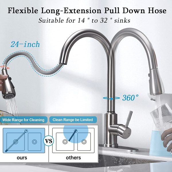 Kitchen Faucet with Pull Down Sprayer(Stream, Spray, Pause),  360 Swivel High Arc Stainless Steel Brushed Nickel Bar Kitchen Sink Faucets, Single Handle Lead-Free Pull Out Kitchen Tap with Deck Plate F190NS - Image 7