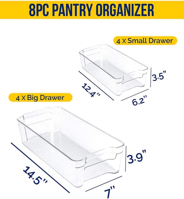 KICHLY (Set of 8) Pantry Organizer - Include 8 Organizer 4 Large & 4 Small Drawers Stackable Fridge Organizers for Freezer, Kitchen, Countertops, Cabinets (8- Piece) - Image 2