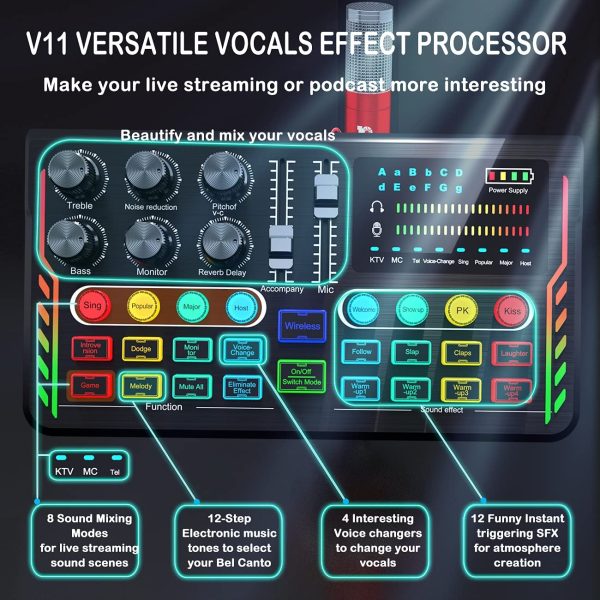 Audio Interface with Podcast Microphone and Live Sound Card,Y10 Studio Condenser Mic & V11 Sound Board/Audio Mixer/Voice Changer Podcast equipment for Guitar/Live Streaming/Recording/Gaming/YouTube (V11+Y10) - Image 2